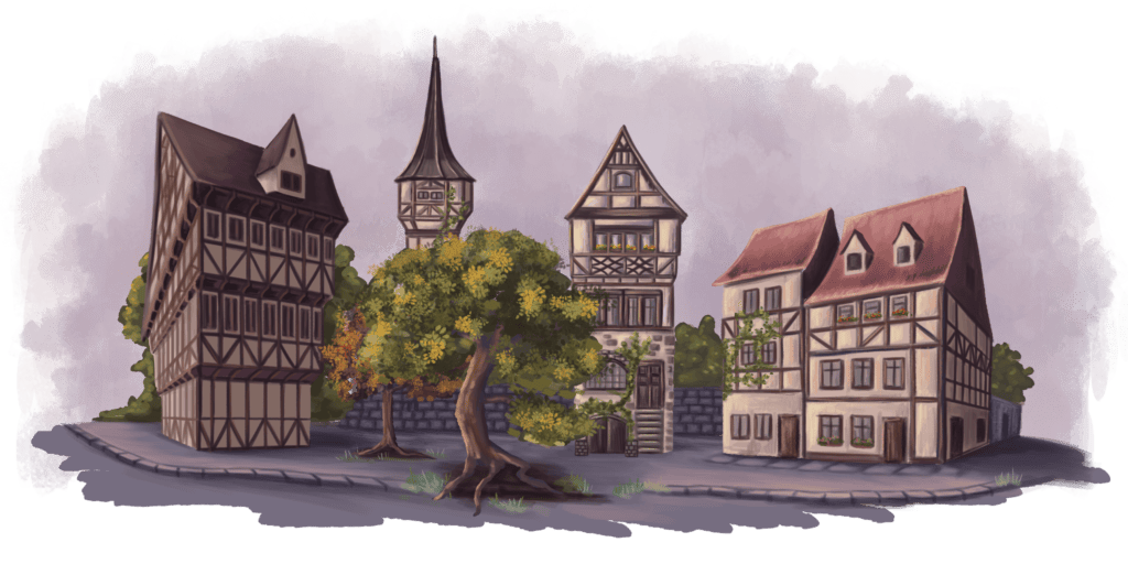 Illustration of a charming and peaceful German medieval village surrounded by trees. The colors are soft and warm.