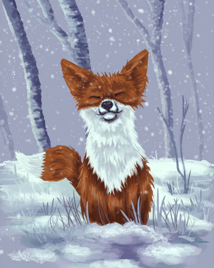 Drawing of a happy fox in the snow.